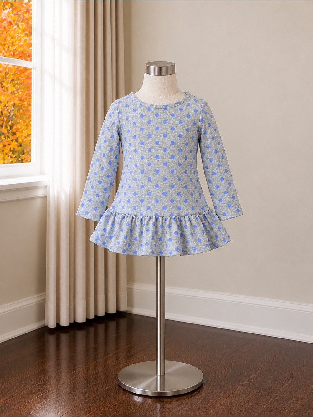 GAP Light Gray Long-Sleeve Peplum Top with Blue Polka Dots
